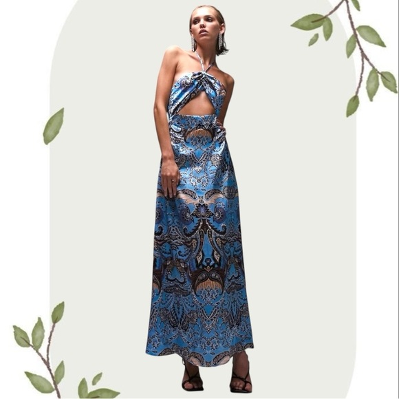 Topshop NWT Blue Paisley Cutout Backless Halter Festival Maxi Dress- Size 4 - Picture 1 of 9